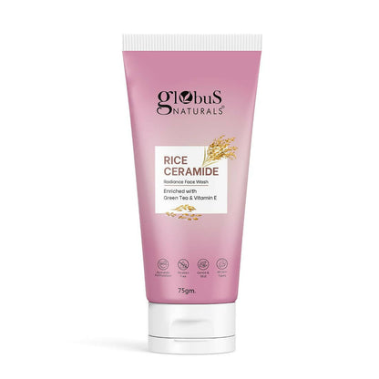 Pink tube of Globus Naturals Rice Ceramide Face Wash on a white background
