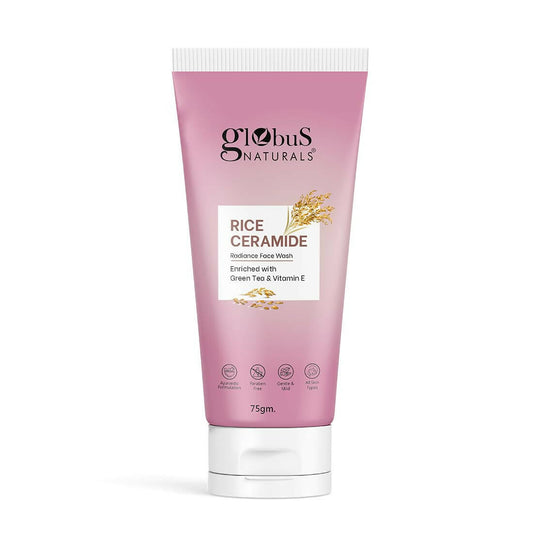 Pink tube of Globus Naturals Rice Ceramide Face Wash on a white background