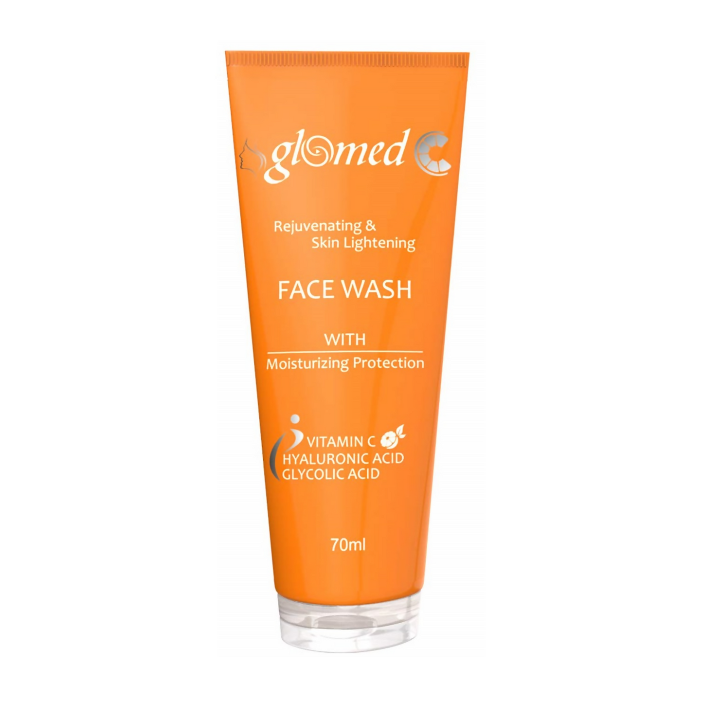Orange tube of glomed face wash on a white background
