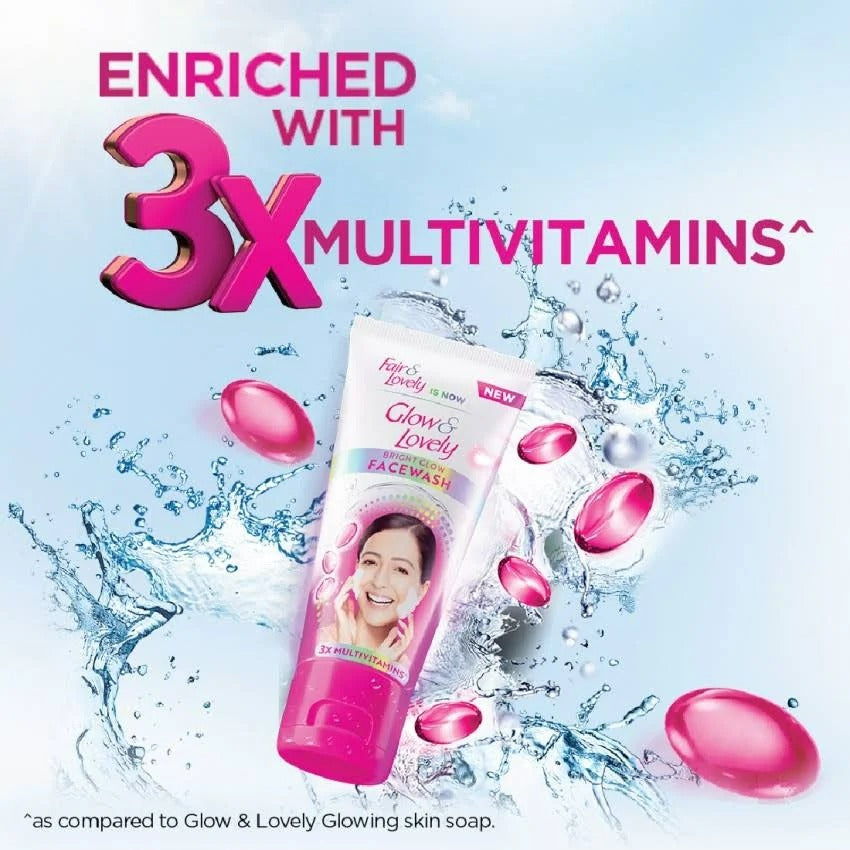 Glow & Lovely face wash with multivitamin benefits on a water droplet and pink capsule background