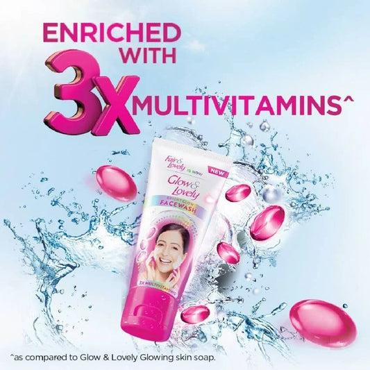 Glow & Lovely face wash with multivitamin benefits on a water droplet and pink capsule background