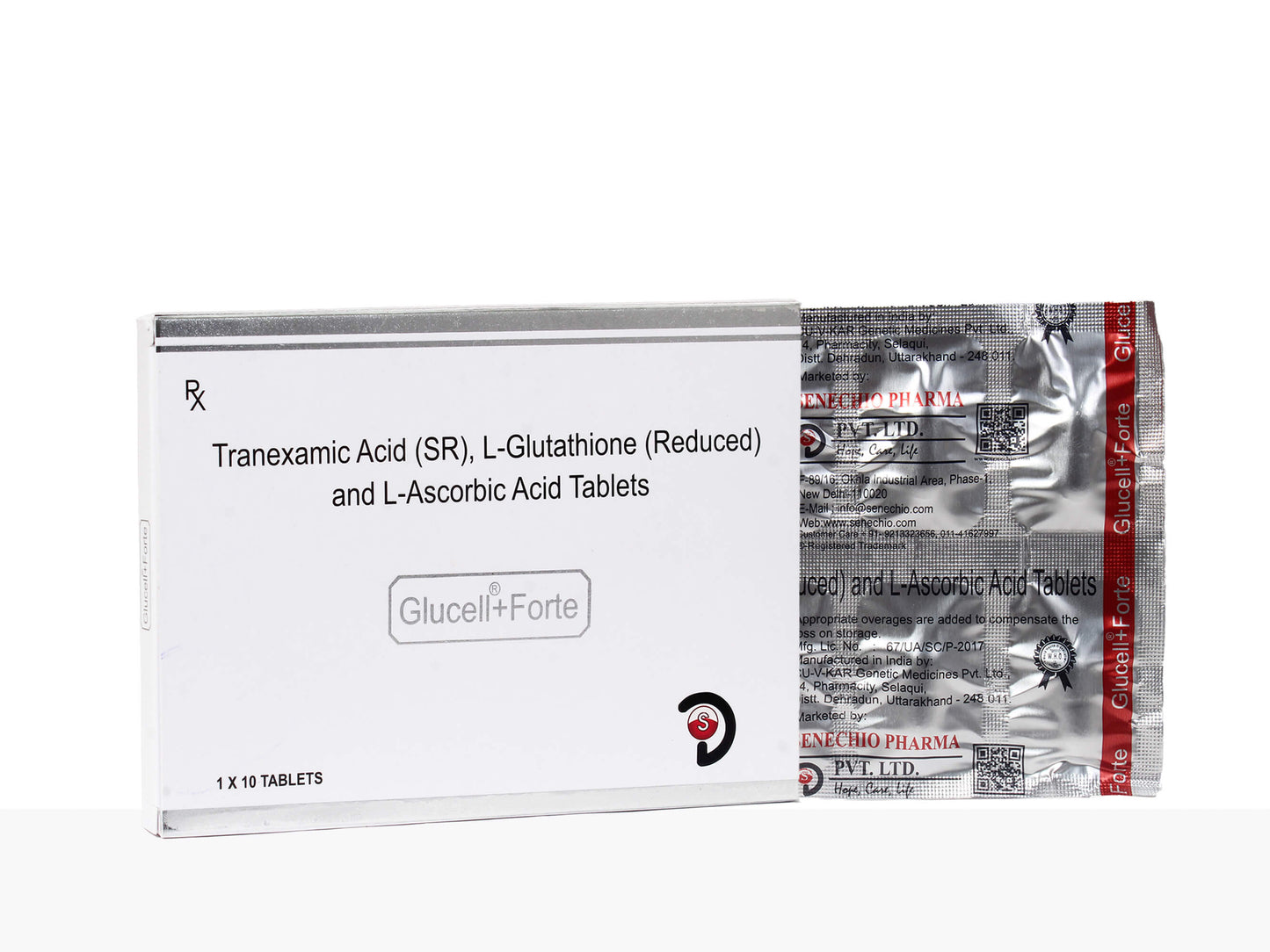 Box of Tranexamic Acid (SR), L-Glutathione (Reduced) and L-Ascorbic Acid Tablets with Glucell+Forte branding.