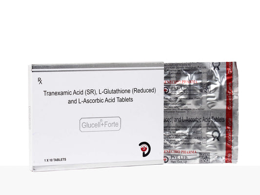 Box of Tranexamic Acid (SR), L-Glutathione (Reduced) and L-Ascorbic Acid Tablets with Glucell+Forte branding.