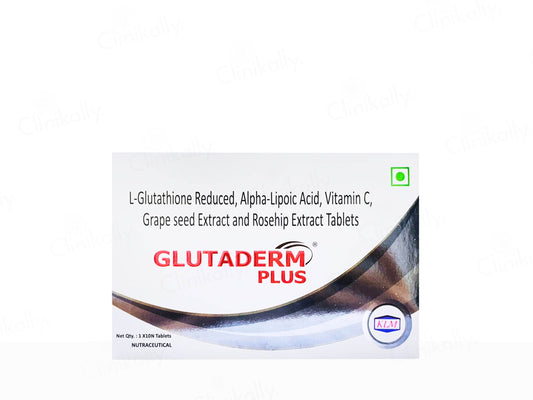 Box of Glutaderm Plus tablets with ingredients listed on a white background