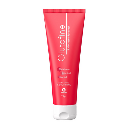 Red tube of Glutafine skincare product on a white background