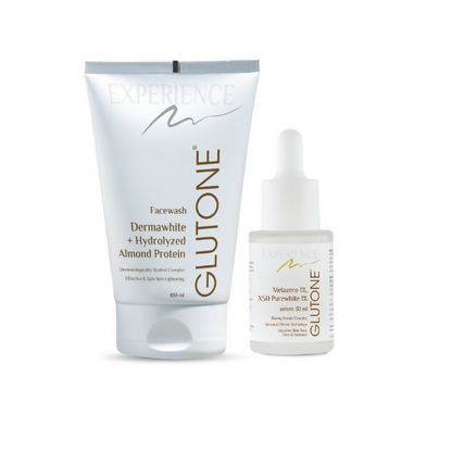 GLUTONE skincare products including a facewash and serum on a white background