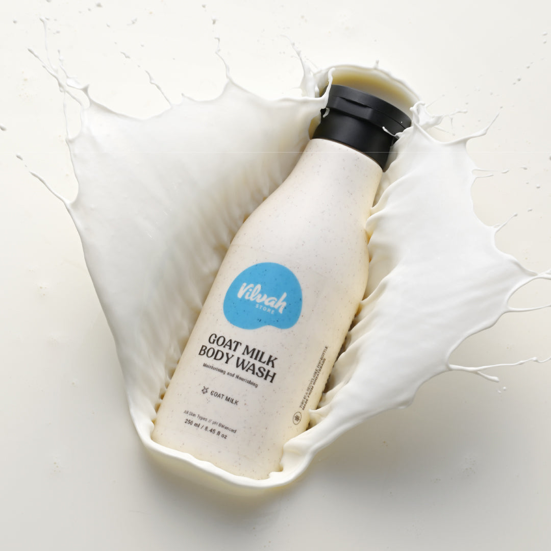 Bottle of goat milk body wash with a blue label on a white background