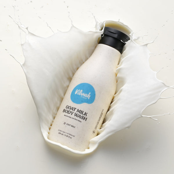 Bottle of goat milk body wash with a blue label on a white background