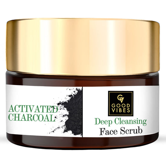 Jar of Good Vibes Activated Charcoal Deep Cleansing Face Scrub with gold lid on a white background