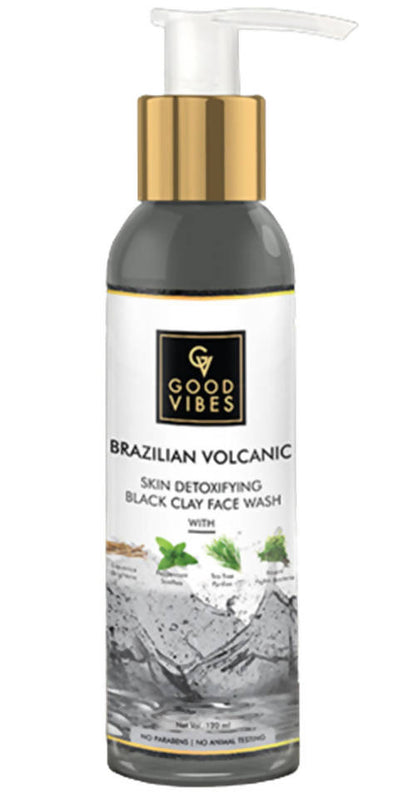 Good Vibes Brazilian Volcanic black clay face wash bottle on a white background