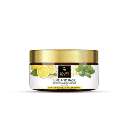 Jar of lime and basil brightening gel scrub with gold lid on a white background