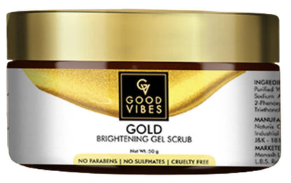 Jar of Good Vibes Gold Brightening Gel Scrub with gold lid and white label.