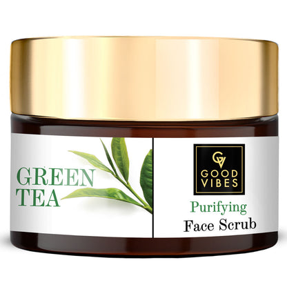 Green Tea Purifying Face Scrub jar with gold lid and Good Vibes branding