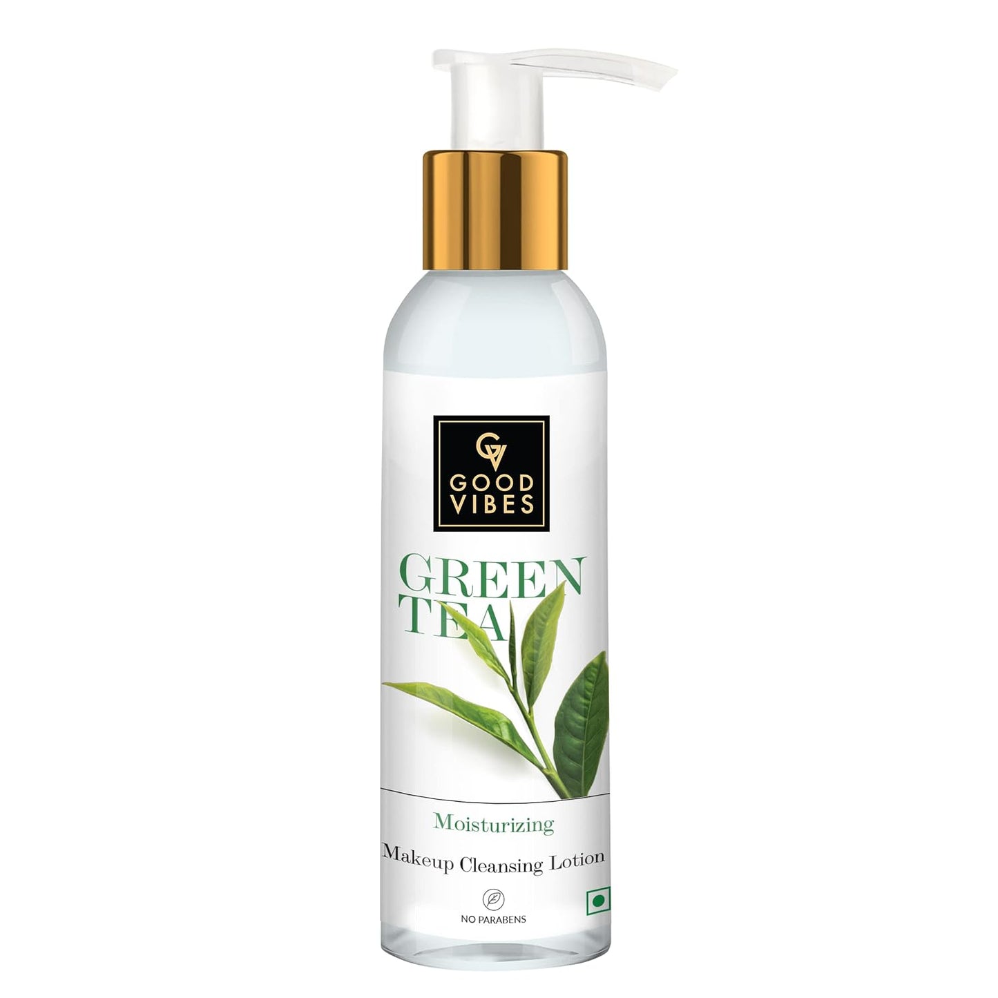 Bottle of Good Vibes Moisturizing Makeup Cleansing Lotion with green tea, featuring a pump dispenser, white body, and green labeling.