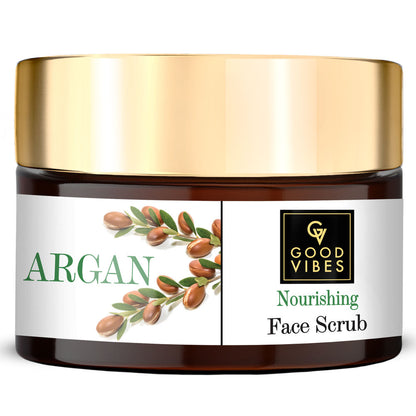 Jar of Good Vibes Argan Nourishing Face Scrub with gold lid on a white background