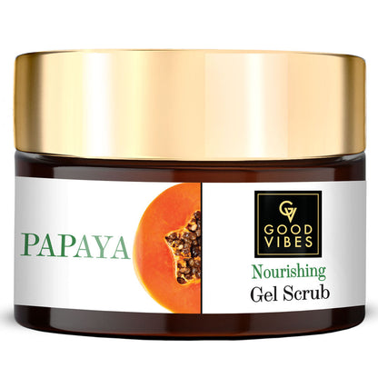 Jar of papaya nourishing gel scrub with gold lid and Good Vibes branding.