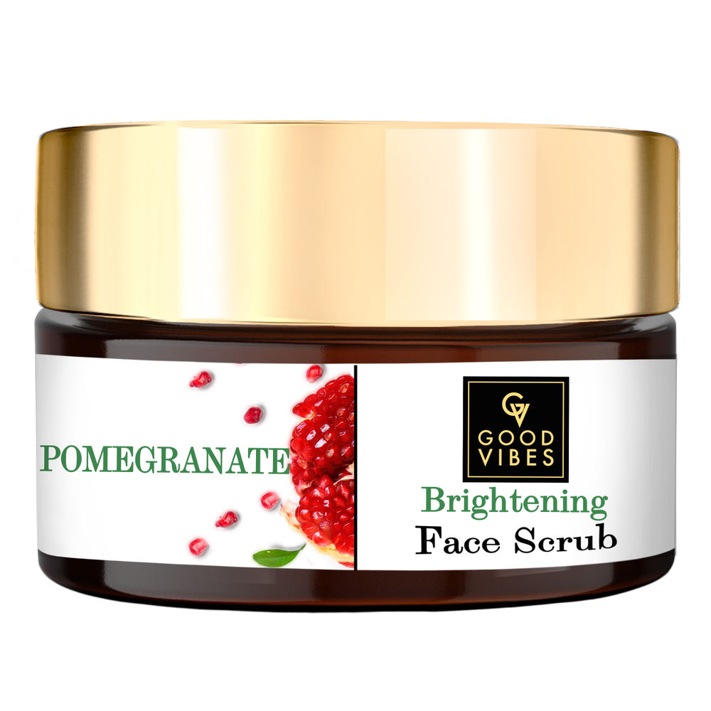 Pomegranate brightening face scrub jar with gold lid on a white background
