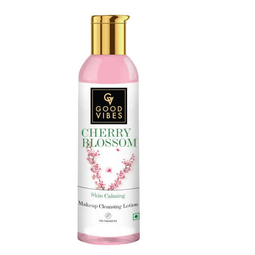 A bottle of Good Vibes Skin Calming Makeup Cleansing Lotion with Cherry Blossom fragrance. The bottle is pink with a gold cap and labeled with the brand and product name, along with the description 'Makeup Cleansing Lotion'.