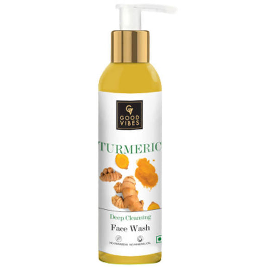 Turmeric face wash bottle with pump on a white background