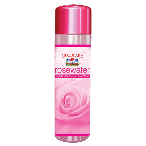 Goodcare rosewater bottle with pink label and rose design on a white background