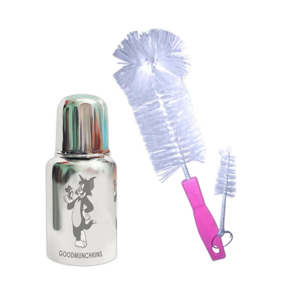 Silver bottle cleaning brush set with a pink handle on a white background
