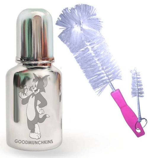 Silver bottle with cartoon character and cleaning brush on a white background