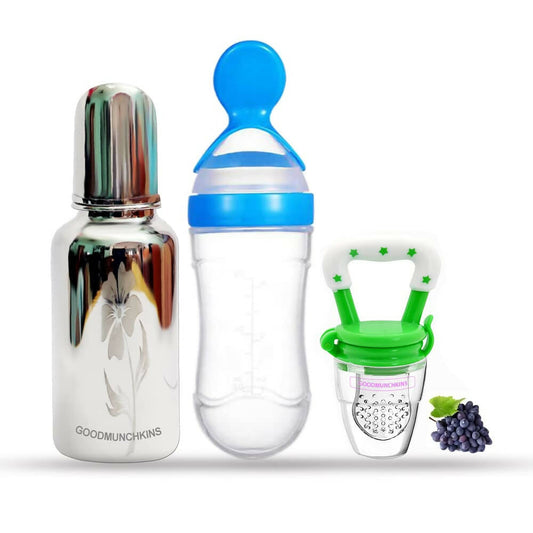 Three baby feeding products including a bottle, a pacifier, and a fruit feeder on a white background.