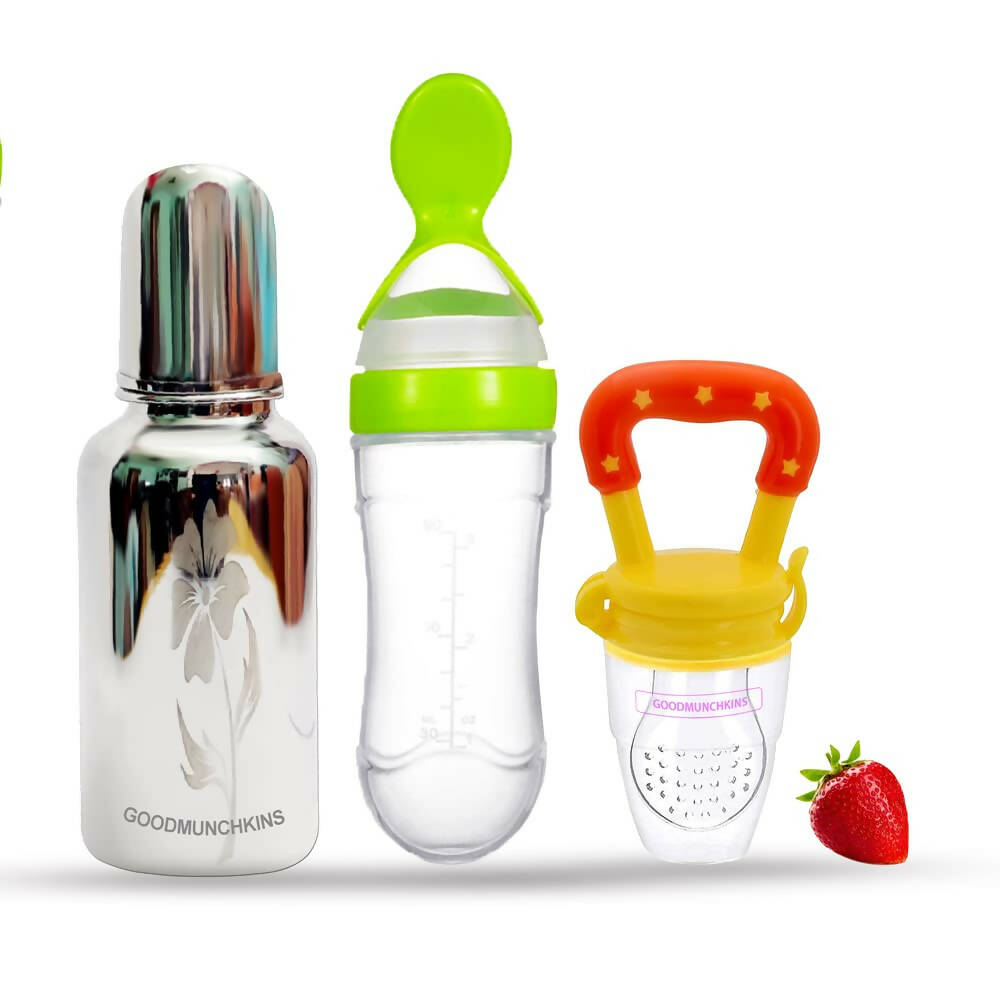 Three baby feeding products with colorful handles on a white background