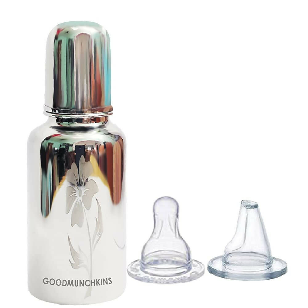 Bottle with floral design and two clear nipples on a white background, featuring the brand 'Goodmunchkins'.