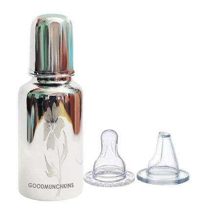 Bottle with floral design and two clear nipples on a white background, featuring the brand 'Goodmunchkins'.