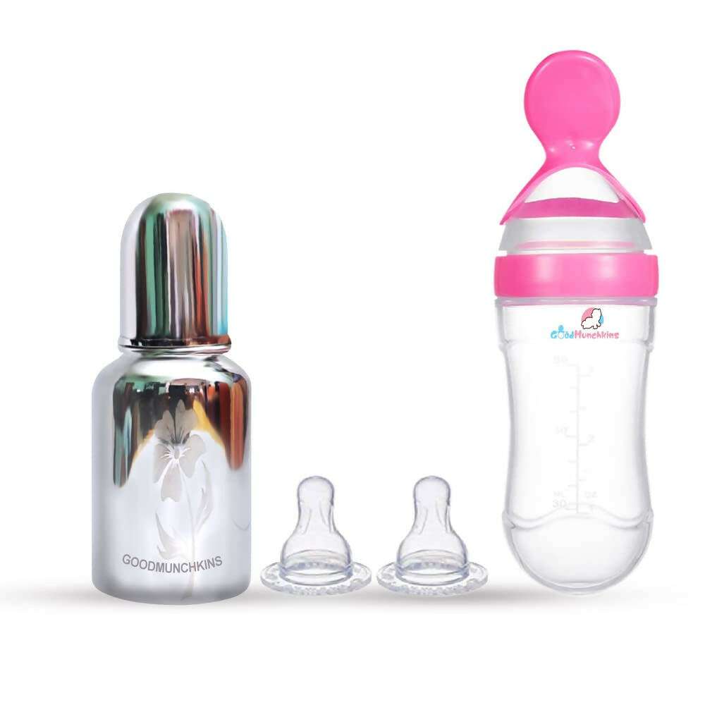 Bottle with pink cap and clear bottle, Goodmunchkins branding visible