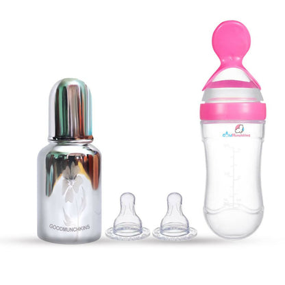 Bottle with pink cap and clear bottle, Goodmunchkins branding visible
