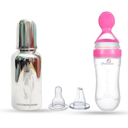 Two baby bottles with different designs on a white background