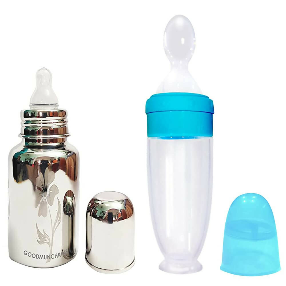 Set of baby bottles with different designs on a white background