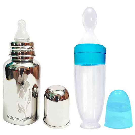 Bottle with silver cap, clear bottle with blue cap and nipple, and smaller silver cap on a white background.