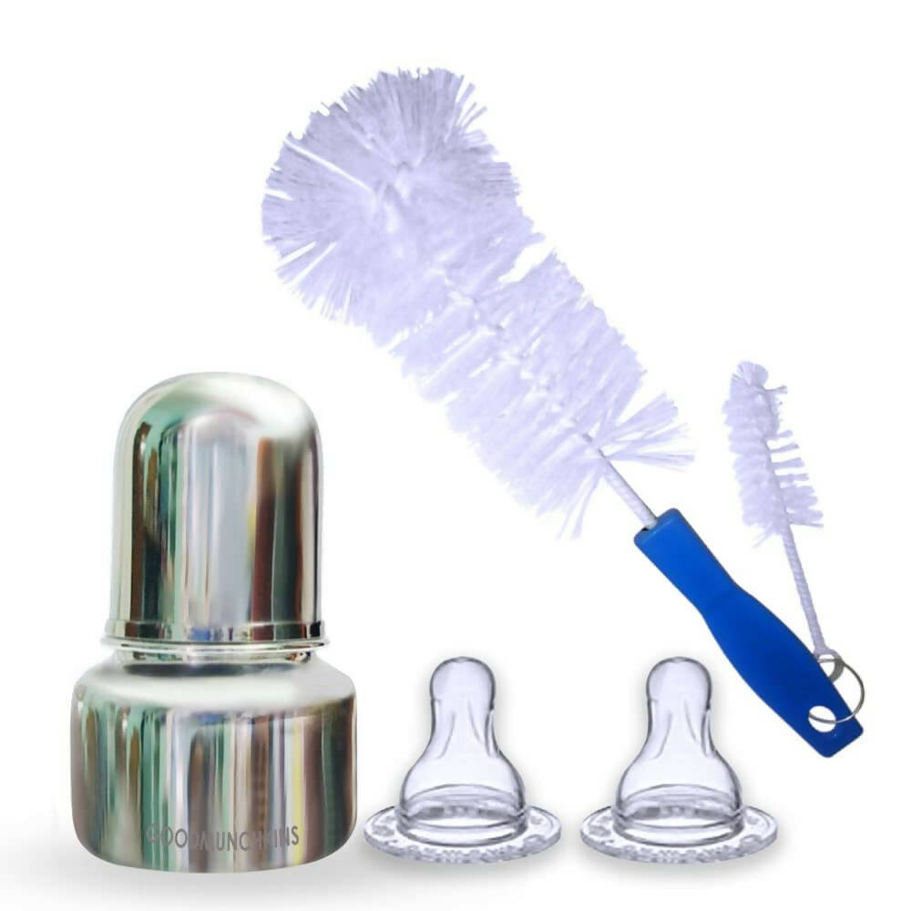 Bottle cleaning set with a silver bottle cap, two clear bottle nozzles, and a brush with a blue handle on a white background.