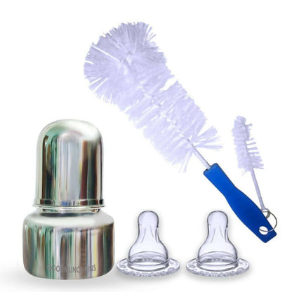 Bottle cleaning set with a silver bottle cap, two clear bottle nozzles, and a brush with a blue handle on a white background.