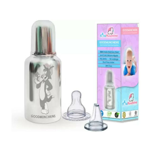 Baby bottle set with packaging featuring Goodmunchkins branding on a white background