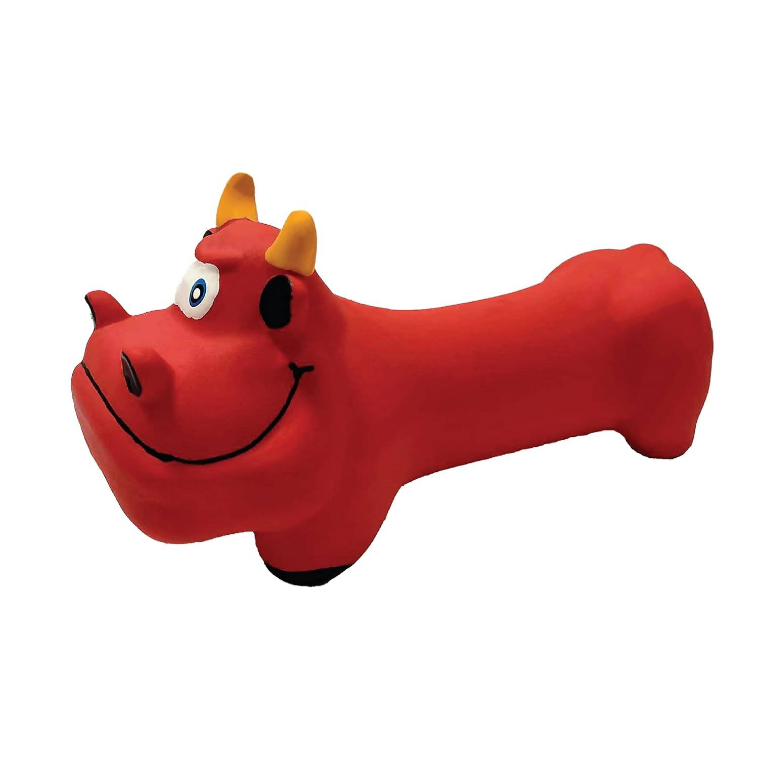 Red dog toy shaped like a bone with a cartoonish face on a white background