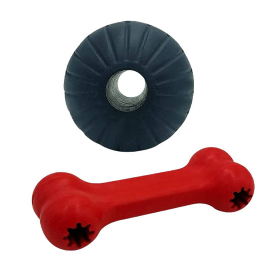 Blue round dog toy and red bone-shaped dog toy on a white background