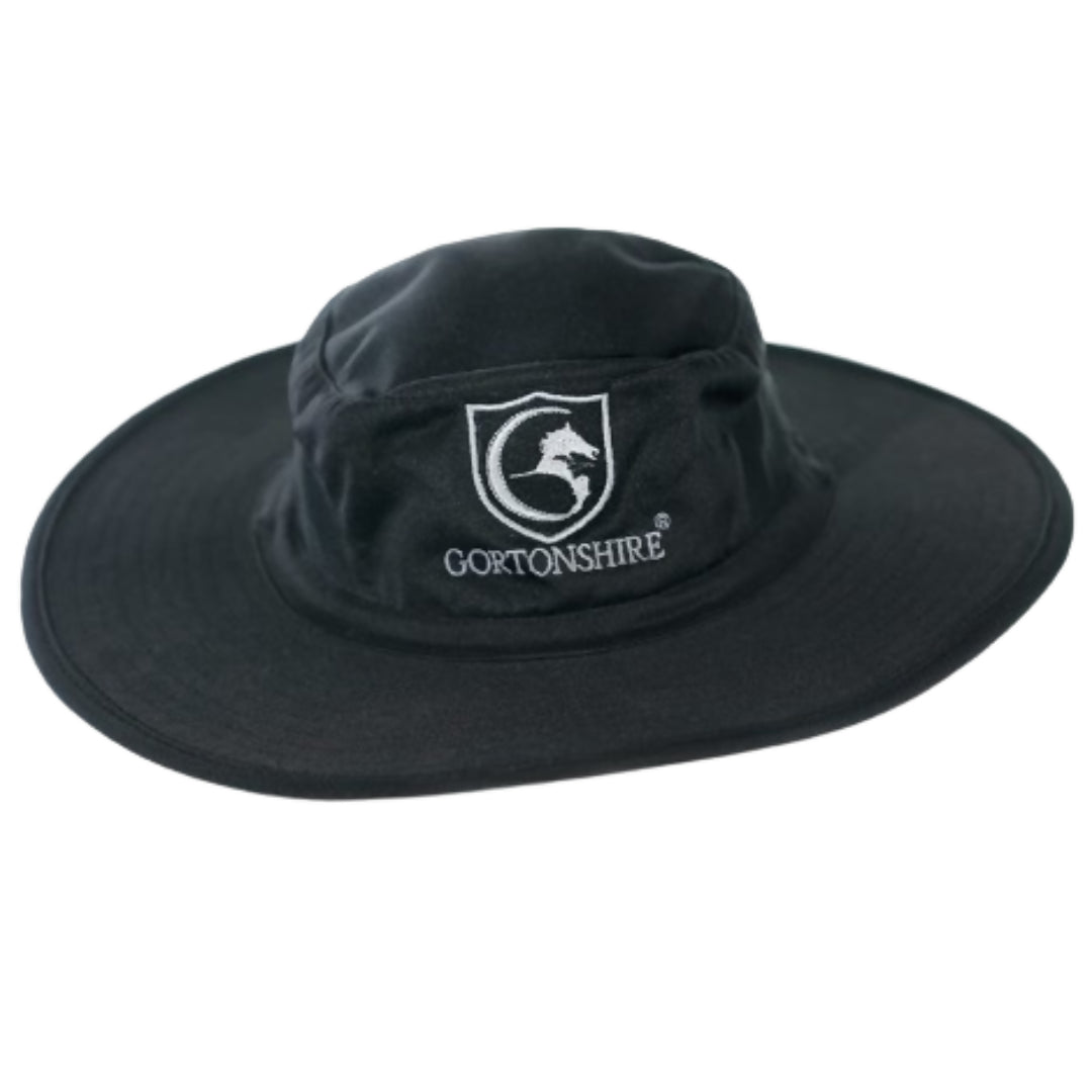 Black bucket hat with a logo on a white background