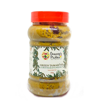 Jar of Granny's Pickles Green Tamarind Pickle on a white background