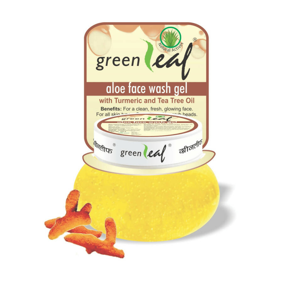 Green Leaf aloe face wash gel with turmeric and tea tree oil on a white background