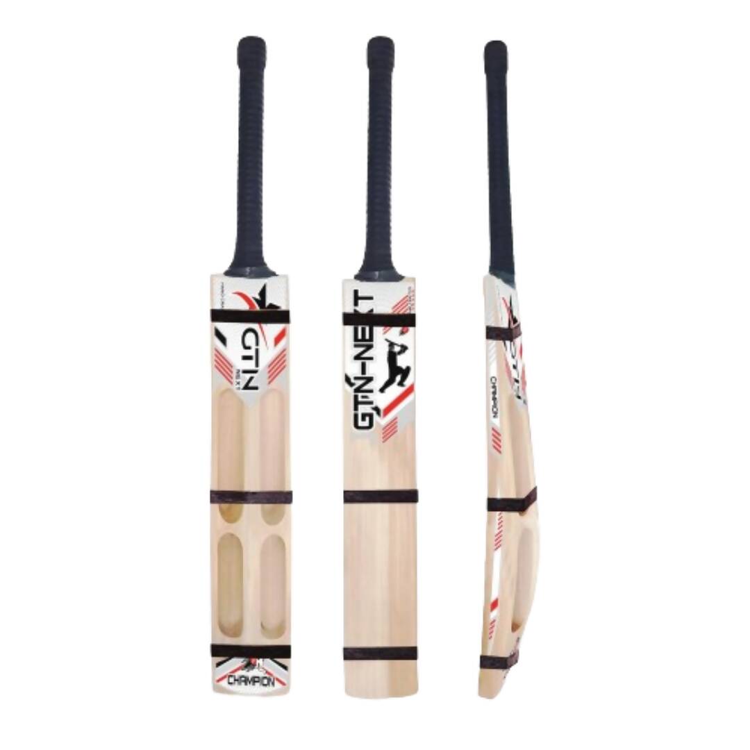 Three cricket bats with GTN branding on a white background