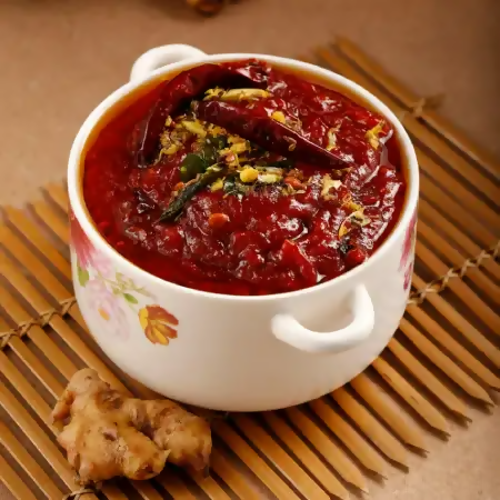 Red curry in a white bowl on a wooden mat