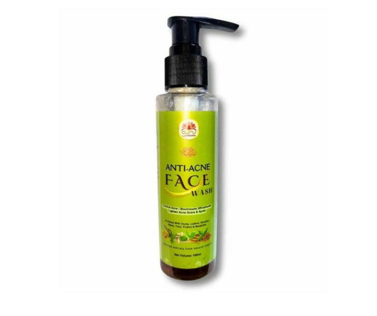 Anti-acne face wash bottle with green label on a white background