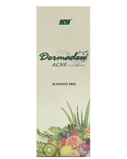 Dermaden Acne Facewash packaging with natural elements and brand logo on a white background