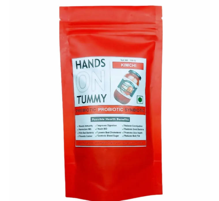 Red package of 'Hands on Tummy' probiotic synbiotic with a white label on a white background