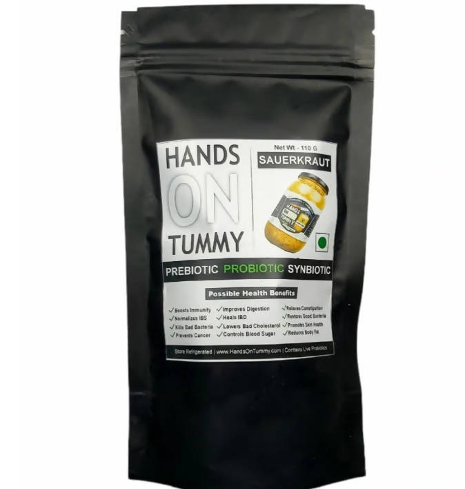 Black packaging of 'Hands On Tummy' with product label on a white background