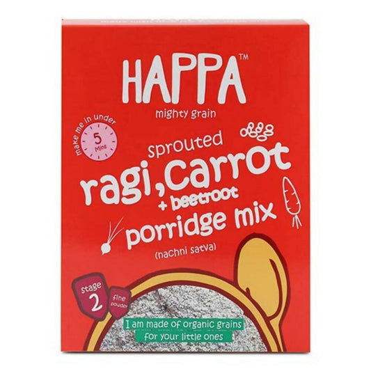 Red box of Happa sprouted ragi, carrot, and beetroot porridge mix on a white background